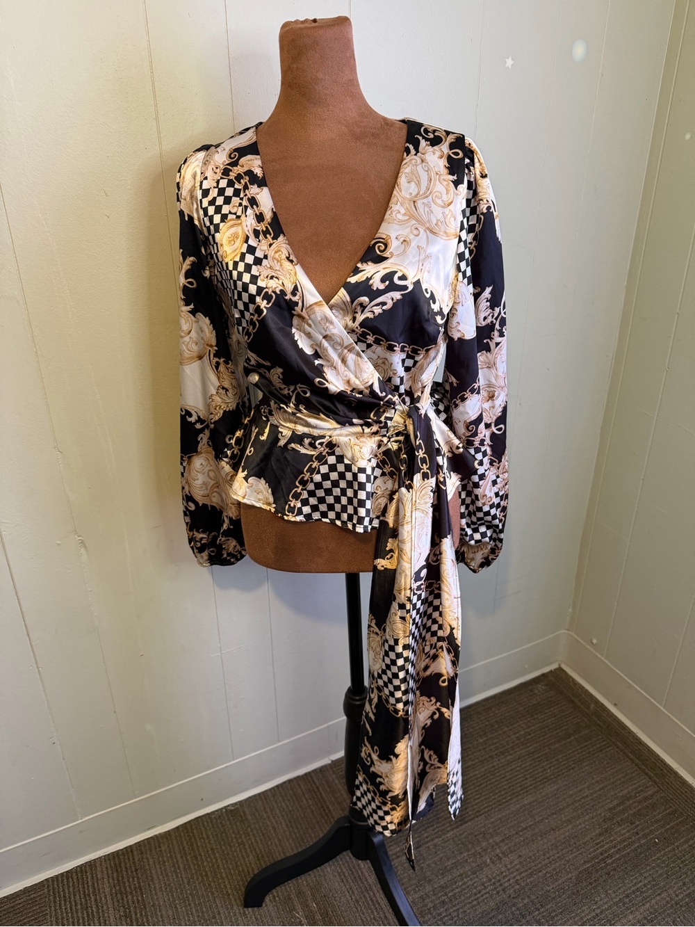 Lily Star Black Gold Chain Print Wrap Blouse